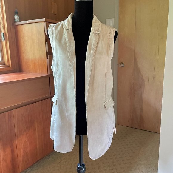 MARRAKECH Anthropologie Beige Linen Cotton Blend Open Vest Pocket M - Picture 2 of 9